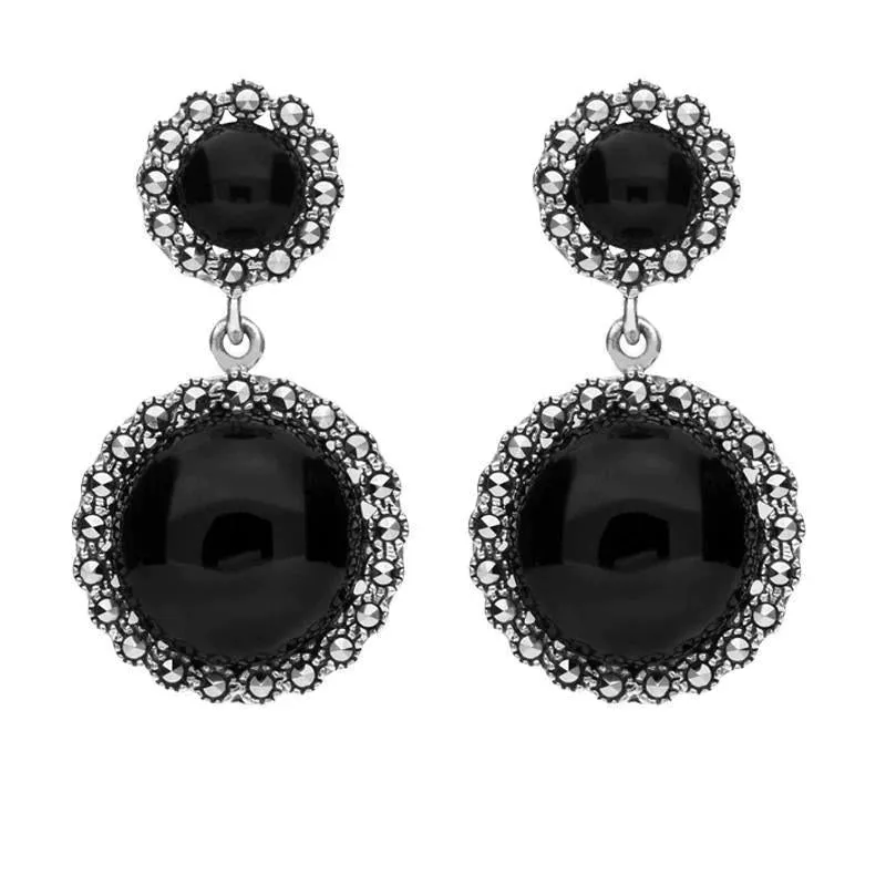 Sterling Silver Whitby Jet & Marcasite Round Double Drop Earrings sold by Jura Watches
