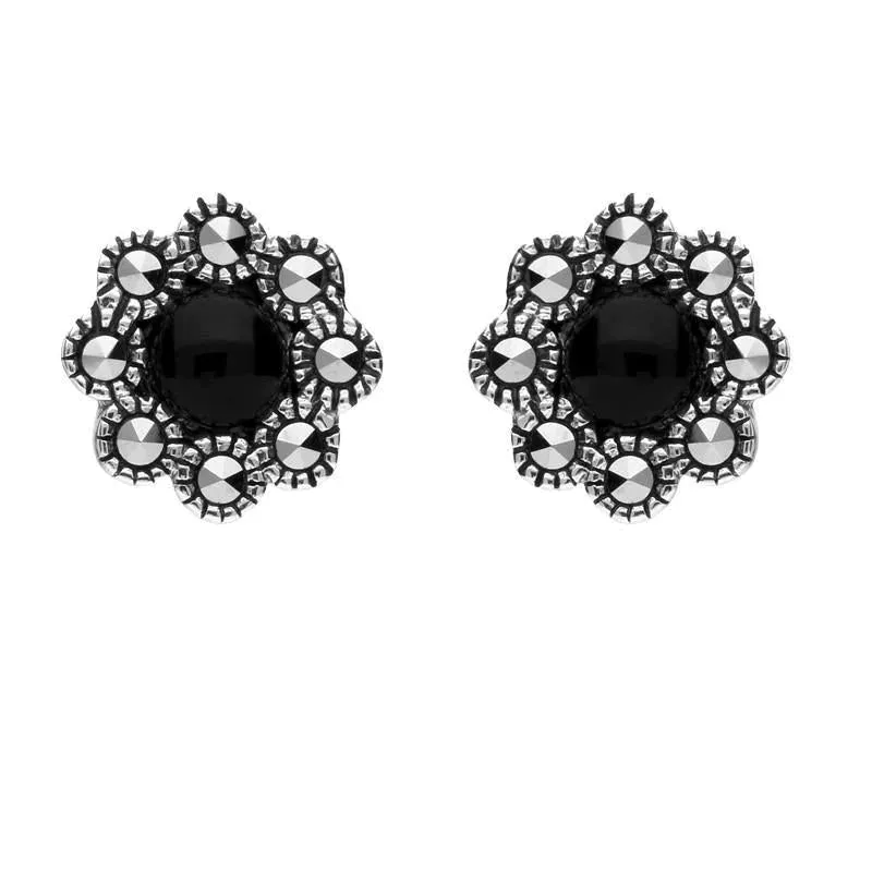 Sterling Silver Whitby Jet Marcasite Round Edge Bead Stud Earrings sold by Jura Watches