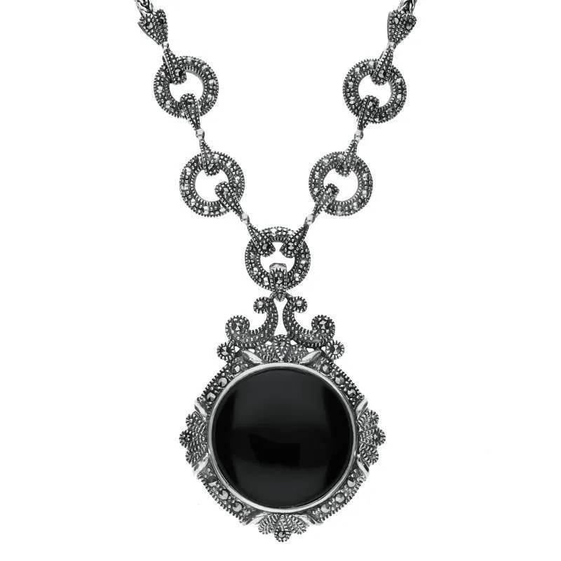 Sterling Silver Whitby Jet Marcasite Round Ornate Necklace sold by Jura Watches