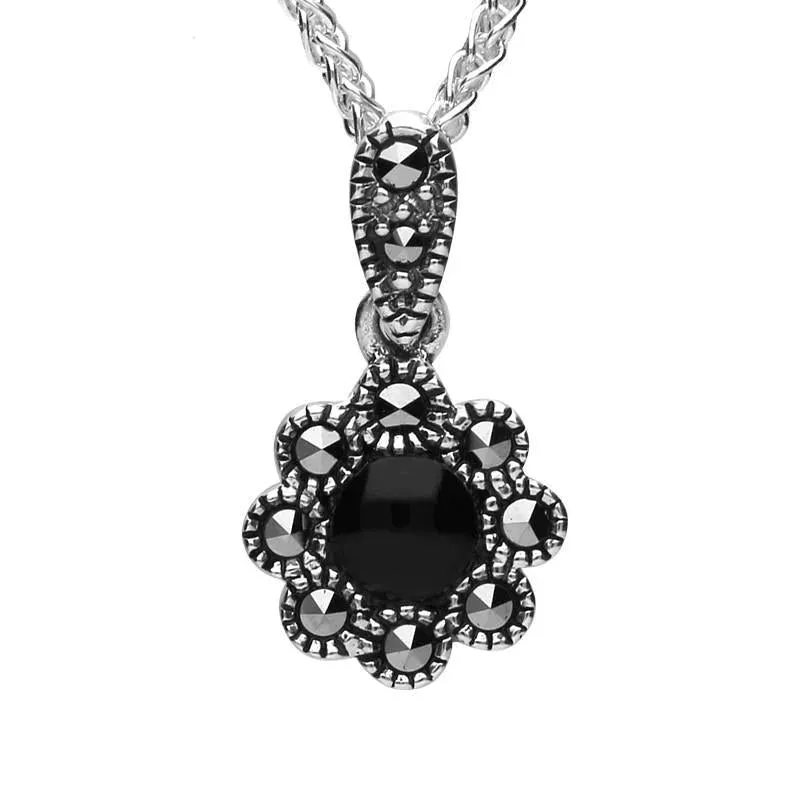 Sterling Silver Whitby Jet Marcasite Rounded Bead Edge Necklace sold by Jura Watches