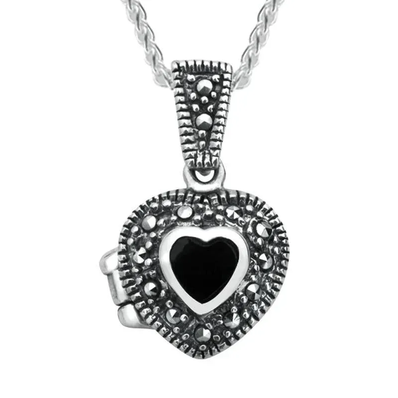 Sterling Silver Whitby Jet Marcasite Small Bead Edge Heart Locket sold by Jura Watches