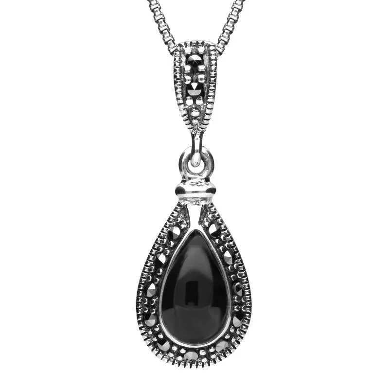 Sterling Silver Whitby Jet Marcasite Small Beaded Pear Necklace sold by Jura Watches