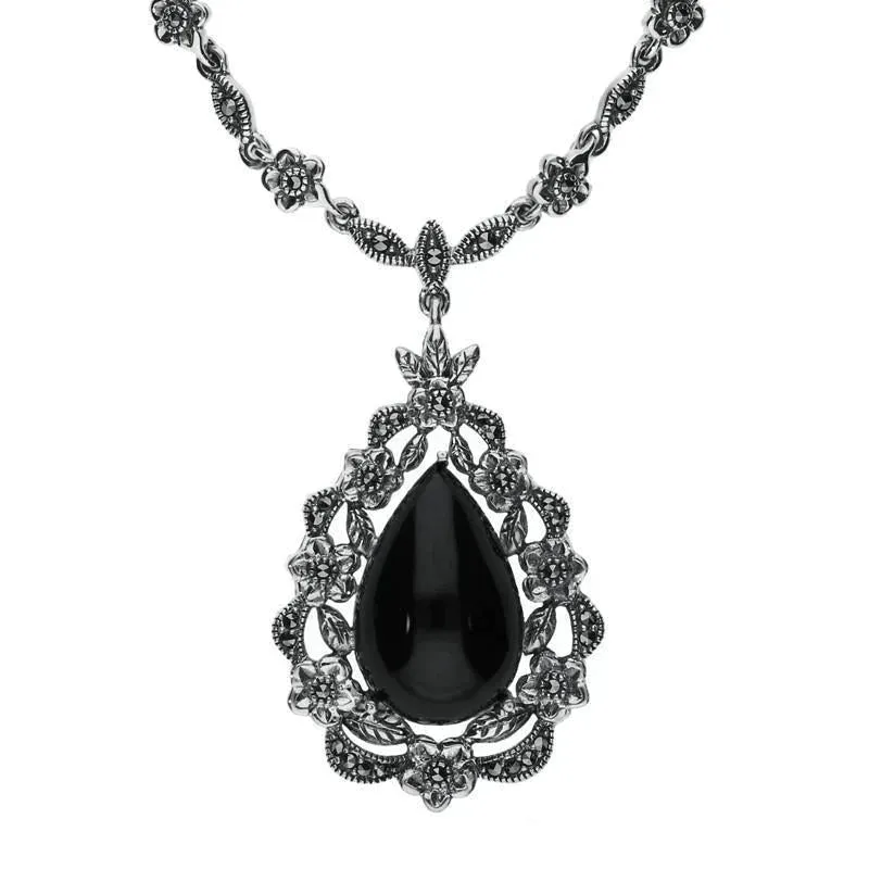 Sterling Silver Whitby Jet Marcasite Pear Cut Floral Necklace sold by Jura Watches