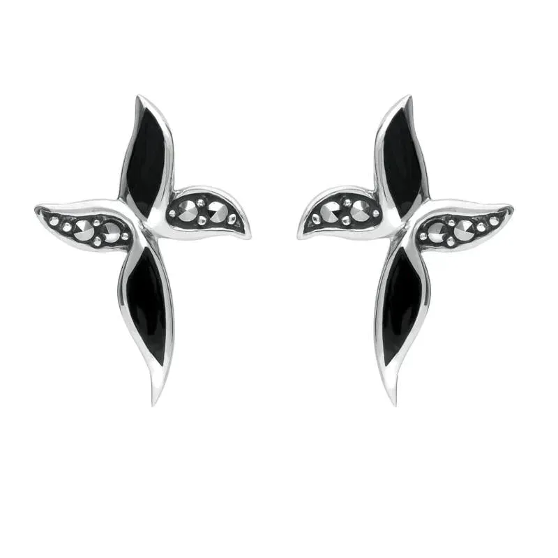 Sterling Silver Whitby Jet and Marcasite Wavy Cross Stud Earrings sold by Jura Watches