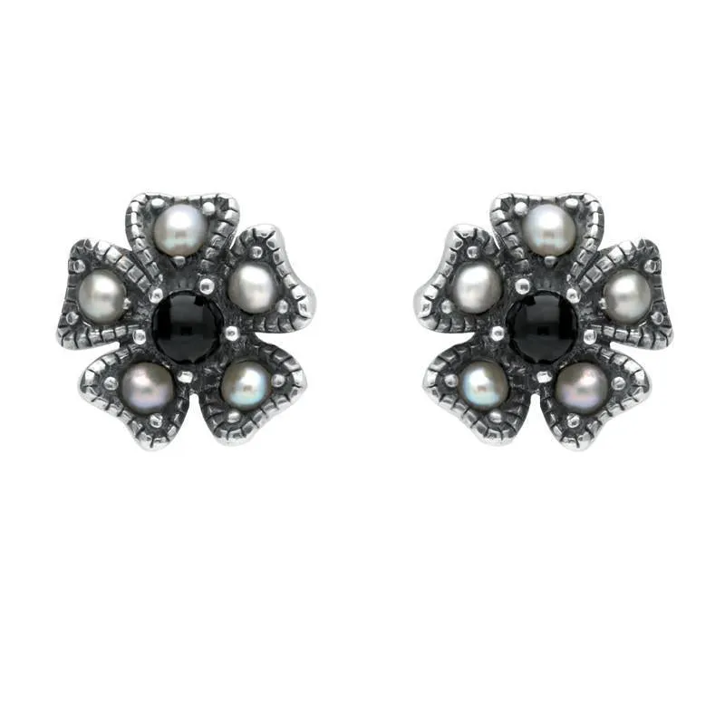 Sterling Silver Whitby Jet & Pearl 5 Petal Stud Earrings sold by Jura Watches