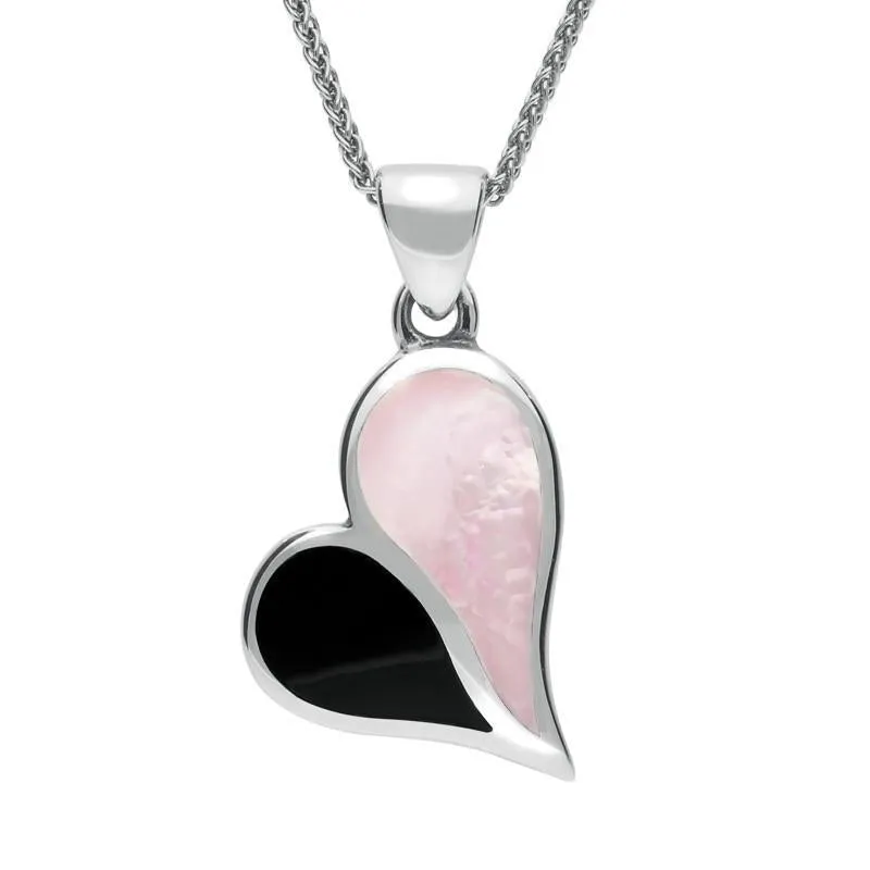 Sterling Silver Whitby Jet Pink Mother Of Pearl Split Heart Necklace sold by Jura Watches