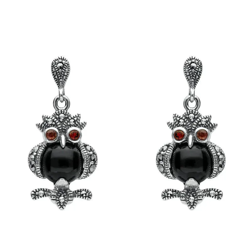 Sterling Silver Whitby Jet Marcasite and Garnet Owl Drop Earrings sold by Jura Watches