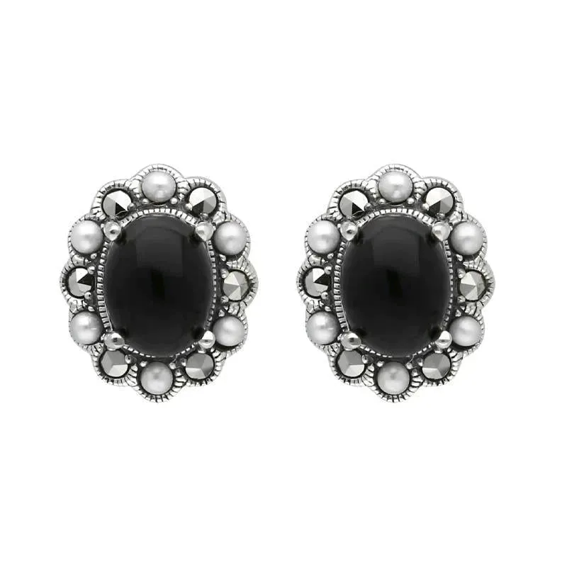 Sterling Silver Whitby Jet Pearl Marcasite Oval Beaded Edge Stud Earrings sold by Jura Watches