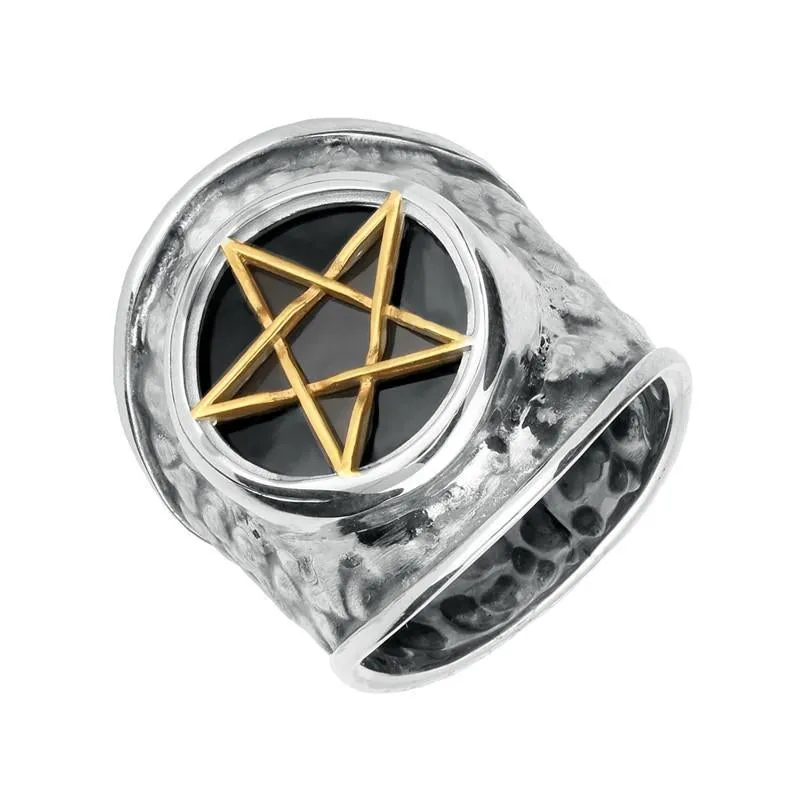 Sterling Silver Gold Plated Whitby Jet Pentagram Hammered Effect Shank Ring sold by Jura Watches