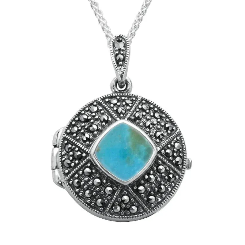 Sterling Silver Turquoise Marcasite Cushion Patterned Locket sold by Jura Watches
