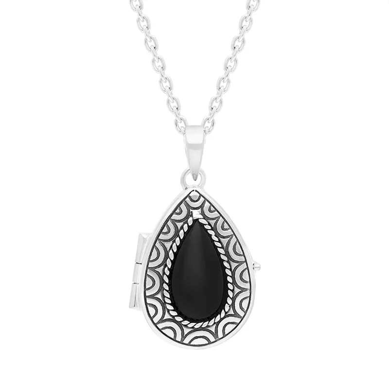 Sterling Silver Whitby Jet Pear Stone Pattern Edge Locket Necklace sold by Jura Watches