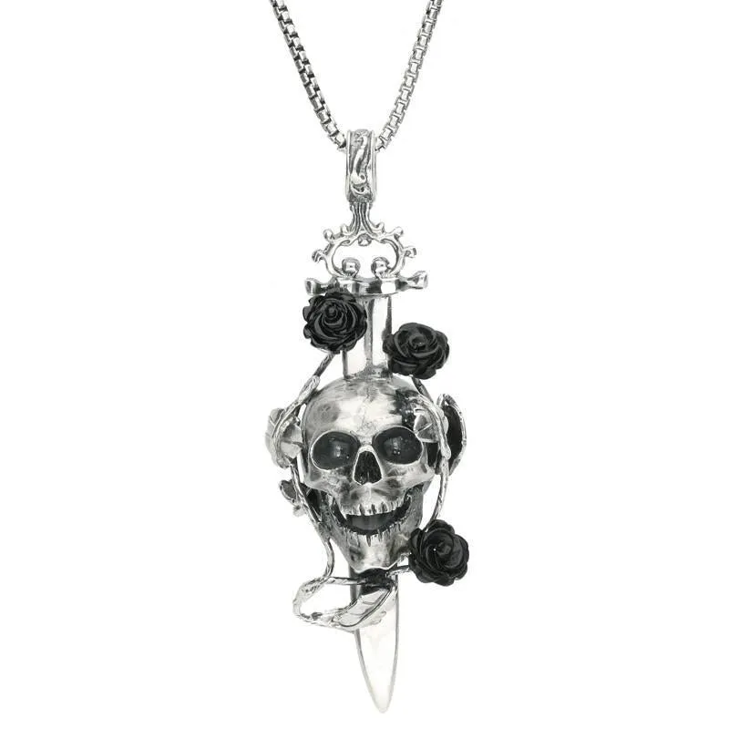 Sterling Silver Whitby Jet Skull Dagger Rose Necklace sold by Jura Watches
