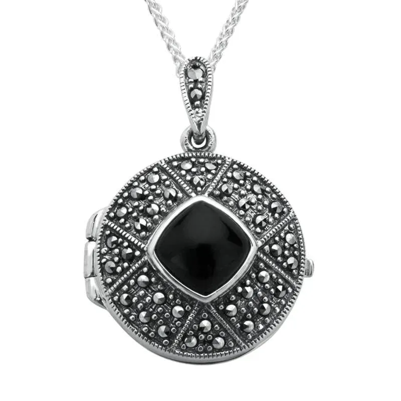 Sterling Silver Whitby Jet Marcasite Cushion Patterned Locket sold by Jura Watches