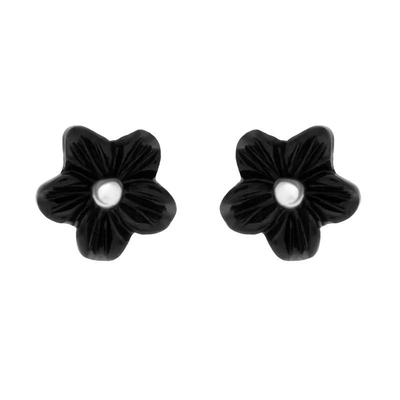 Sterling Silver Whitby Jet Tuberose 8mm Flower Stud Earrings sold by Jura Watches
