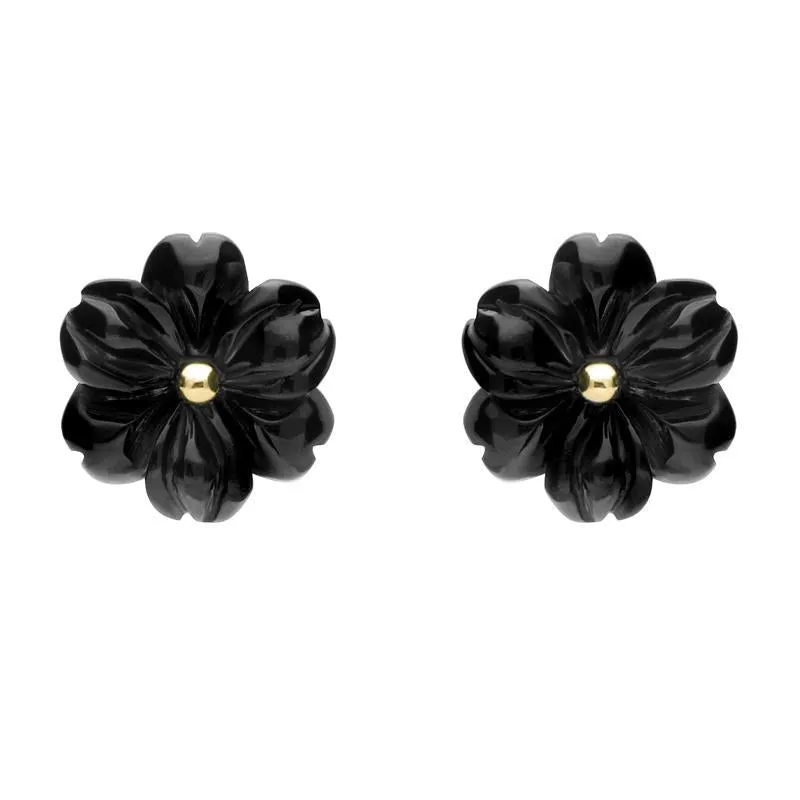 9ct Yellow Gold Whitby Jet Tuberose 12mm Flower Stud Earrings sold by Jura Watches
