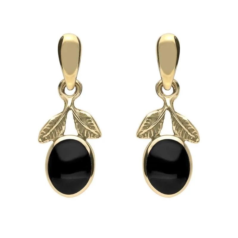 9ct Yellow Gold Whitby Jet Leaf Drop Earrings sold by Jura Watches