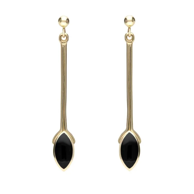 9ct Yellow Gold Whitby Jet Long Marquise Drop Earrings sold by Jura Watches