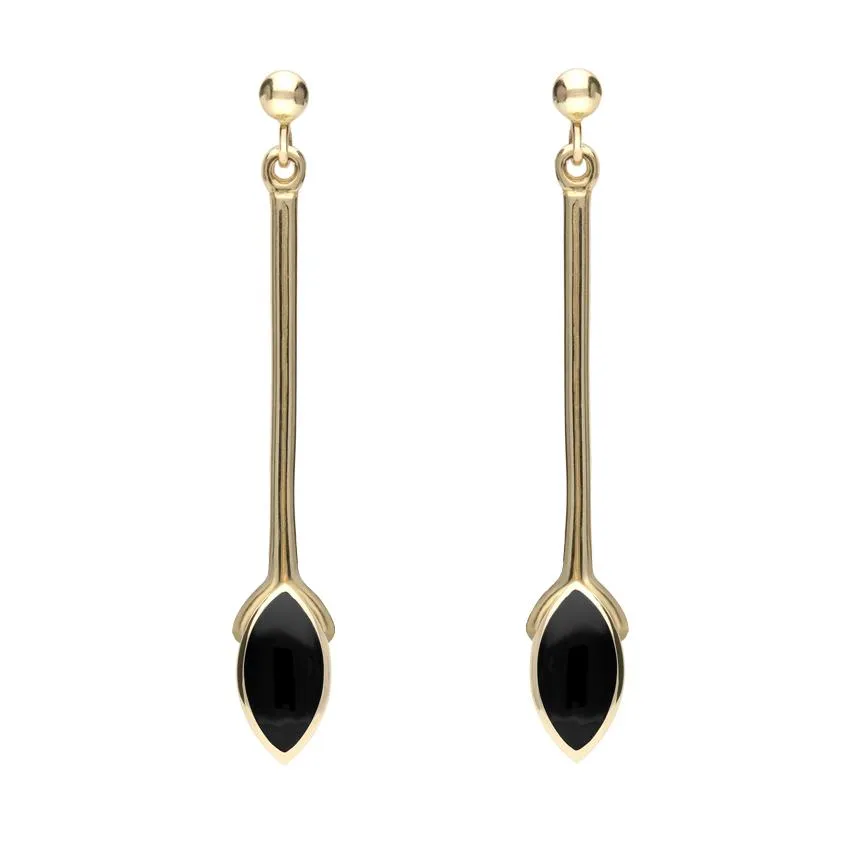 9ct Yellow Gold Whitby Jet Long Marquise Drop Earrings sold by Jura Watches