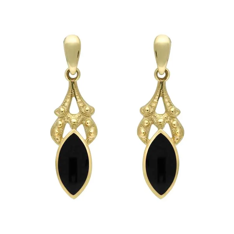 9ct Yellow Gold Whitby Jet Marquise Drop Earrings sold by Jura Watches