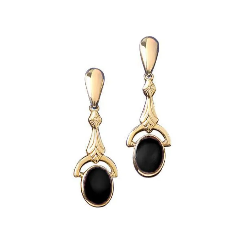 9ct Yellow Gold Whitby Jet Oval Art Deco Drop Earrings sold by Jura Watches