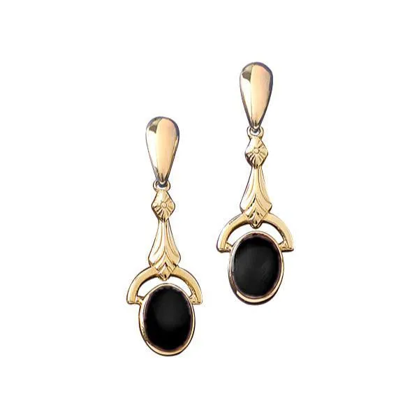 9ct Yellow Gold Whitby Jet Oval Art Deco Drop Earrings sold by Jura Watches