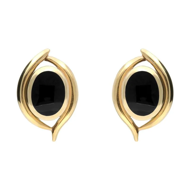 9ct Yellow Gold Whitby Jet Oval Double Fleur Stud Earrings sold by Jura Watches
