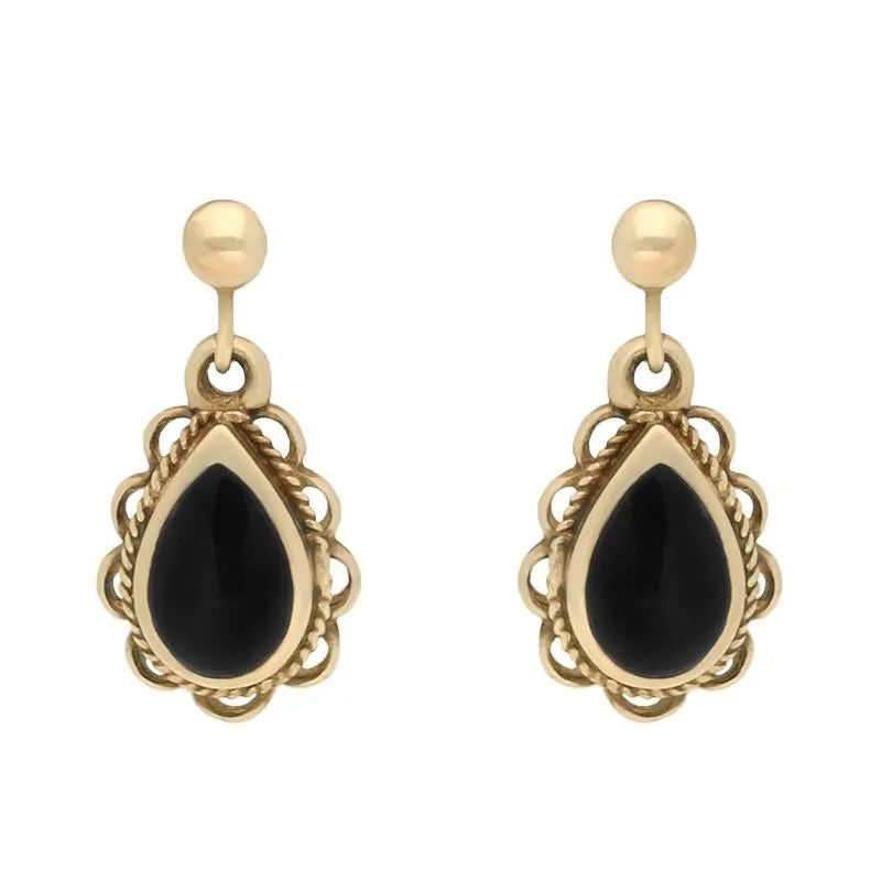 9ct Yellow Gold Whitby Jet Pear Rope Frill Drop Earrings sold by Jura Watches