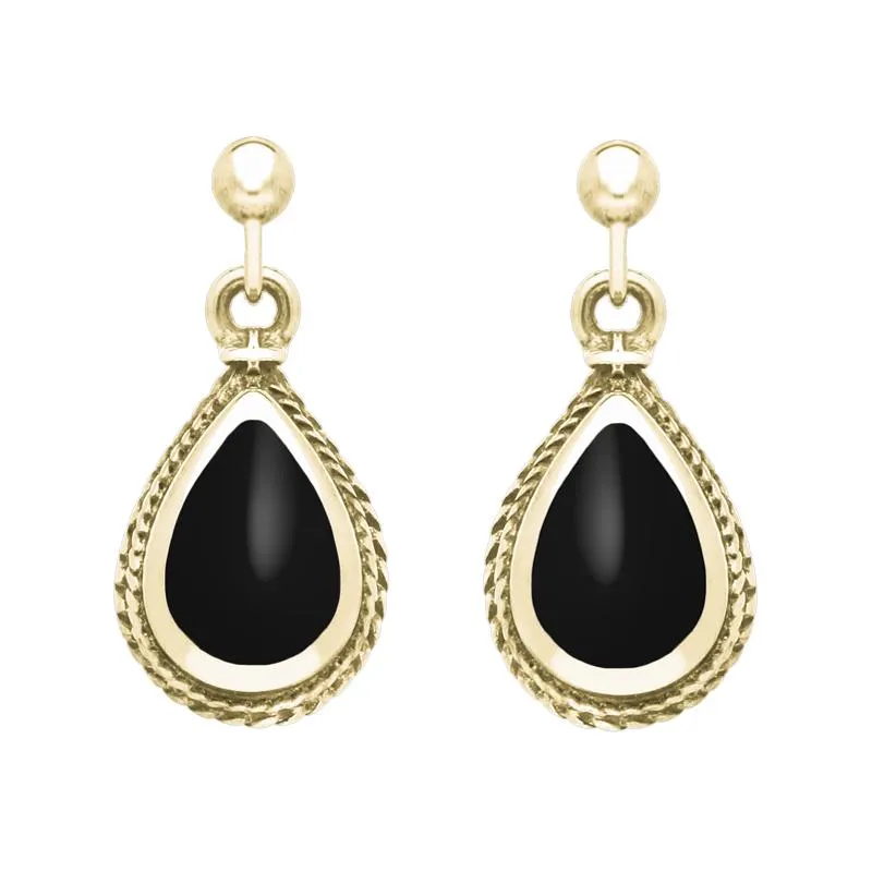 9ct Yellow Gold Whitby Jet Gold Pear Shaped Drop Earrings sold by Jura Watches