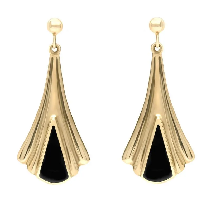 9ct Yellow Gold Whitby Jet Fleur Triangle Drop Earrings sold by Jura Watches