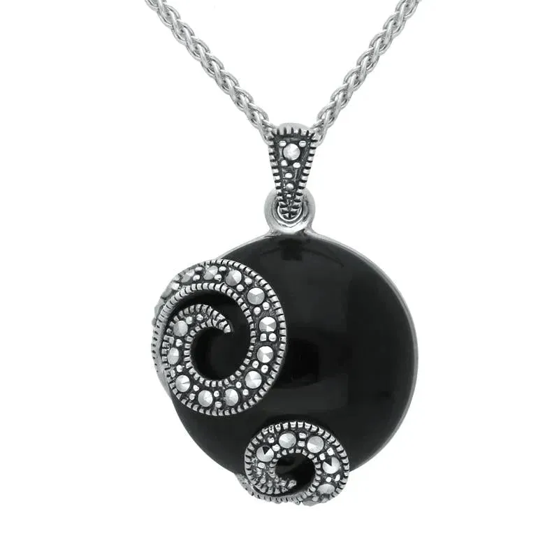 Sterling Silver Whitby Jet Marcasite Double Spiral Round Necklace sold by Jura Watches