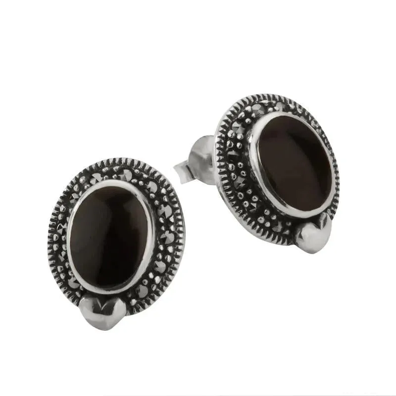 Sterling Silver Whitby Jet Marcasite Oval Framed Stud Earrings sold by Jura Watches product image thumbnail 2