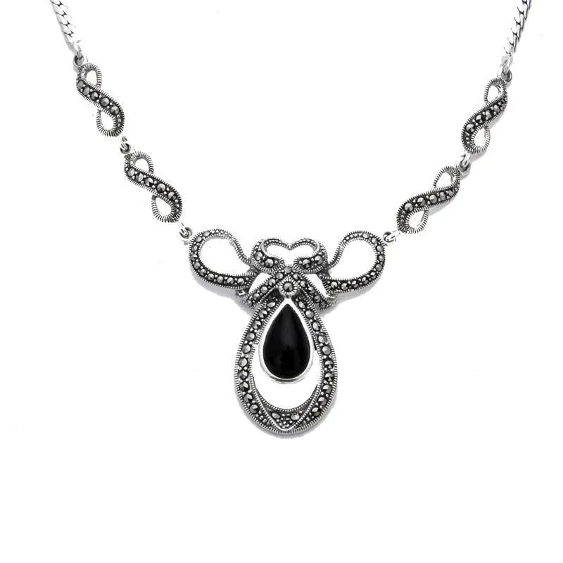 Sterling Silver Whitby Jet Marcasite Drop Bow Twist Necklace sold by Jura Watches