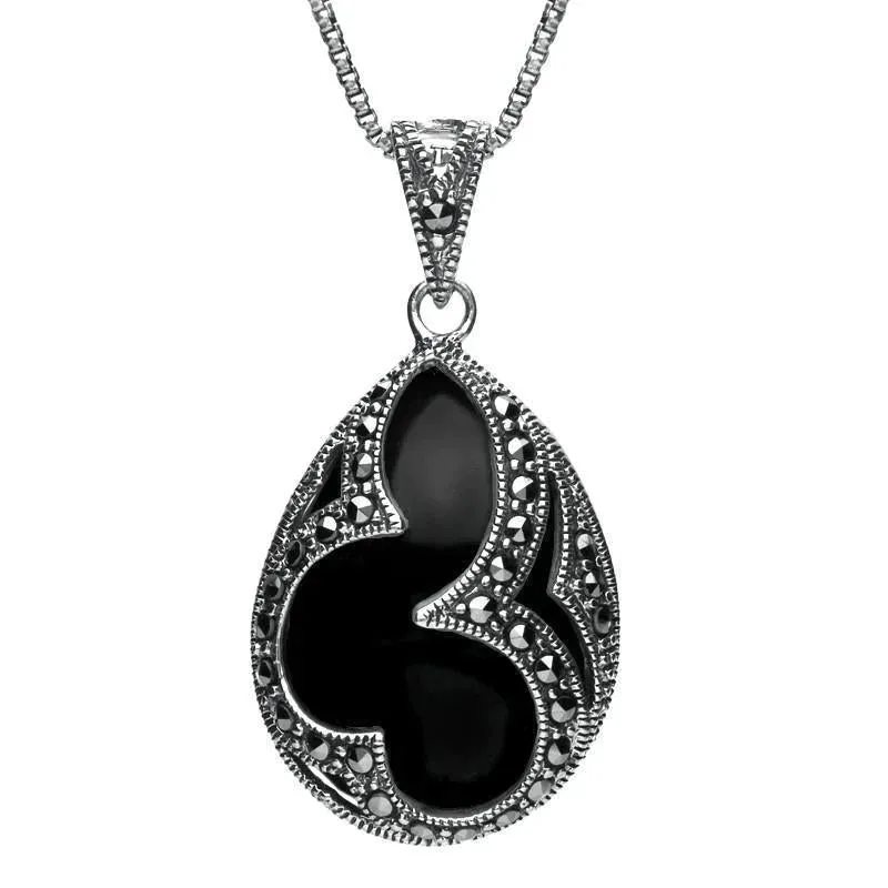 Sterling Silver Whitby Jet Marcasite Pear Drop Necklace sold by Jura Watches