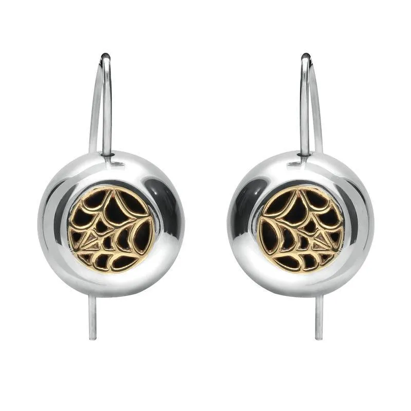 Sterling Silver 9ct Yellow Gold Whitby Jet Spider Web Hook Earrings sold by Jura Watches