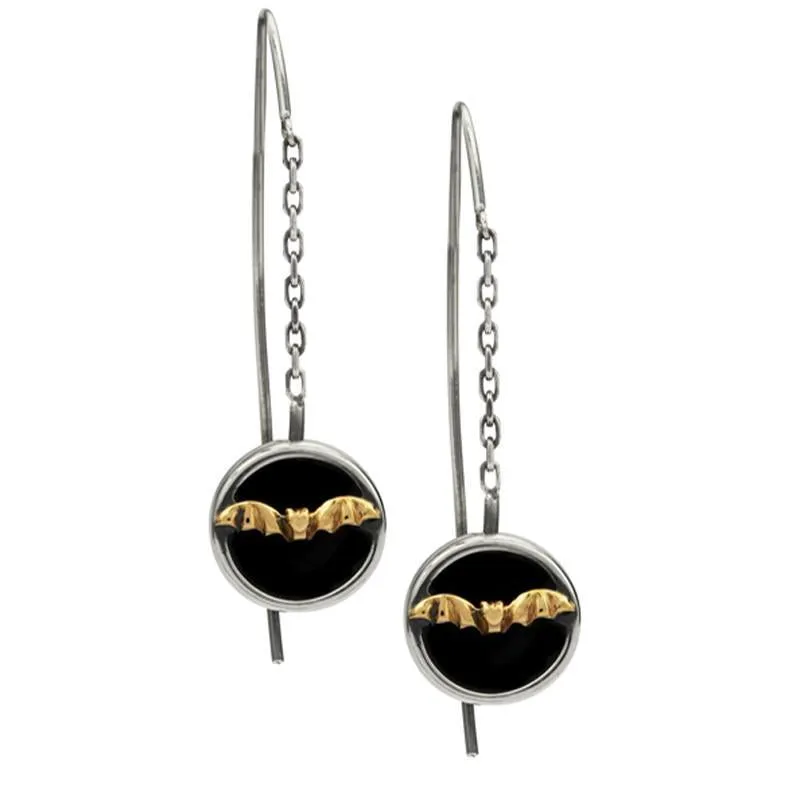 9ct Yellow Gold Sterling Silver Whitby Jet Gothic Bat Chain Drop Earrings sold by Jura Watches