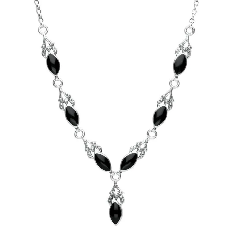 Sterling Silver Whitby Jet Seven Stone Marquise Necklace sold by Jura Watches
