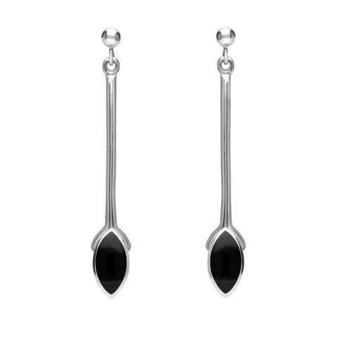 Sterling Silver Whitby Jet Long Marquise Drop Earrings sold by Jura Watches