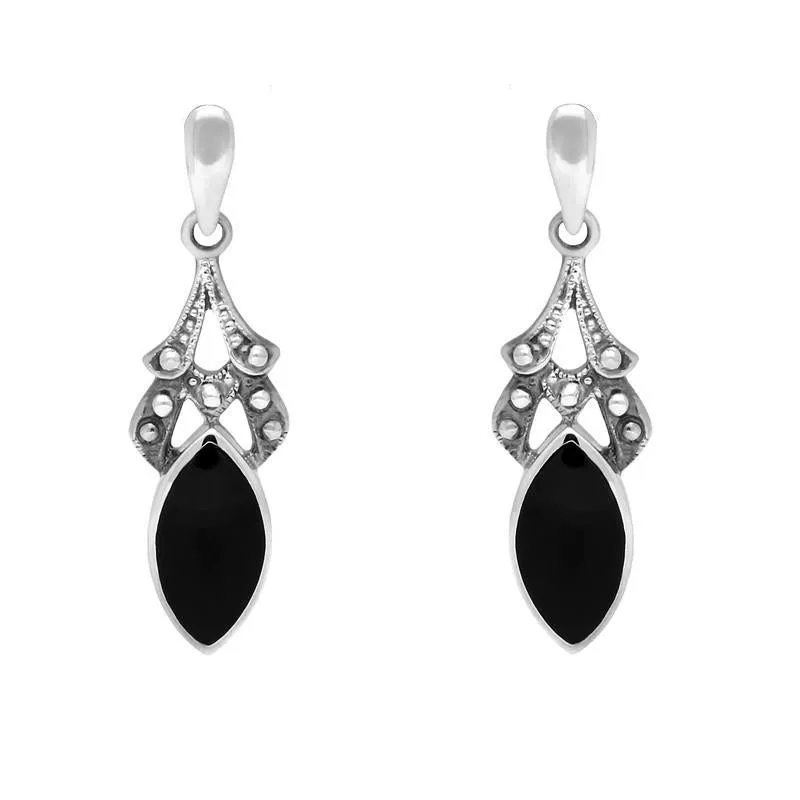 Sterling Silver Whitby Jet Marquise Drop Earrings sold by Jura Watches