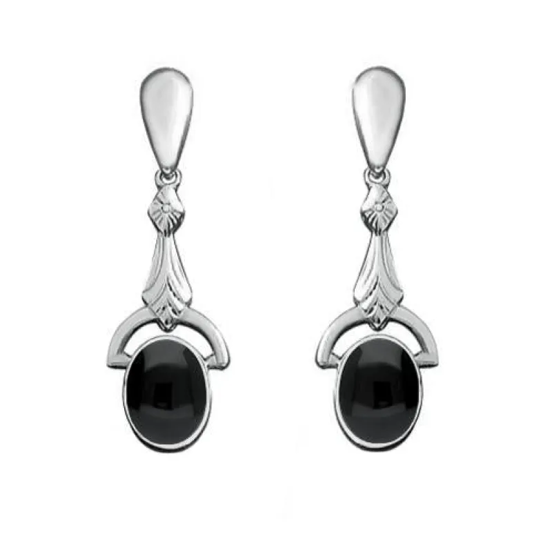 Sterling Silver Whitby Jet Oval Art Deco Drop Earrings sold by Jura Watches
