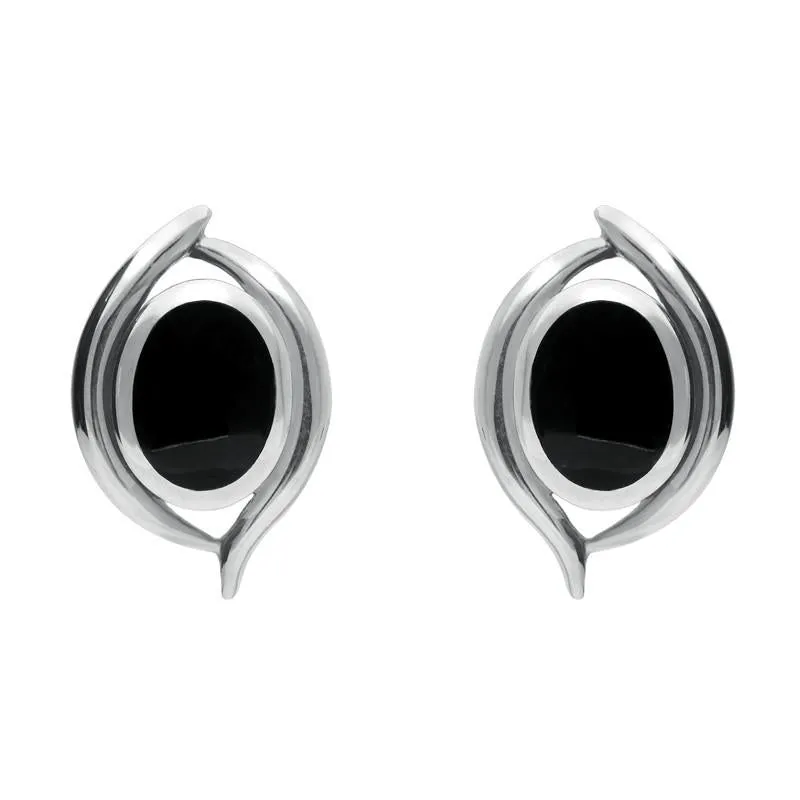 Sterling Silver Whitby Jet Oval Double Fleur Stud Earrings sold by Jura Watches