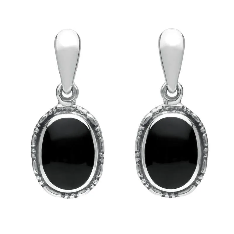Sterling Silver Whitby Jet Oval Rope Edge Drop Earrings sold by Jura Watches