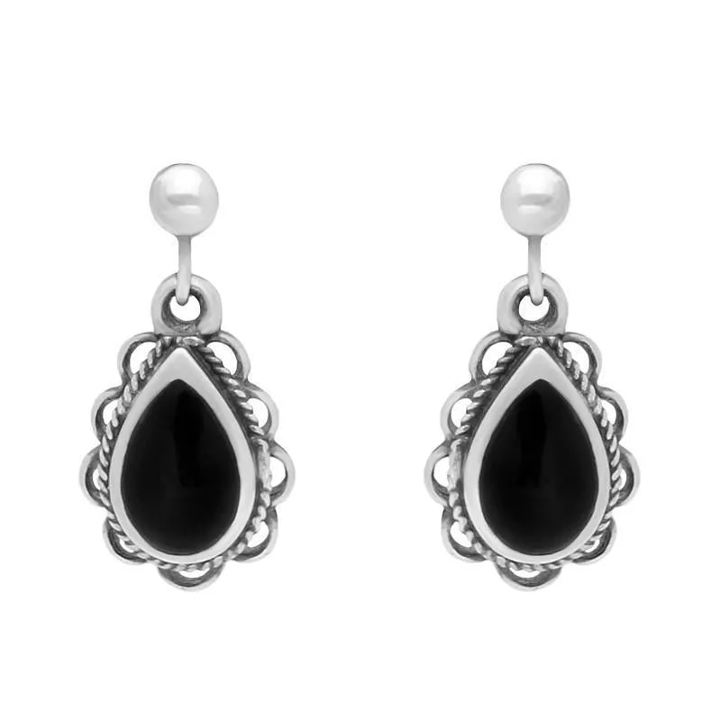 Sterling Silver Whitby Jet Heritage Pear Rope Frill Drop Earrings sold by Jura Watches