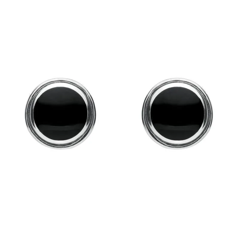Sterling Silver Whitby Jet Round Plain Edged Stud Earrings sold by Jura Watches