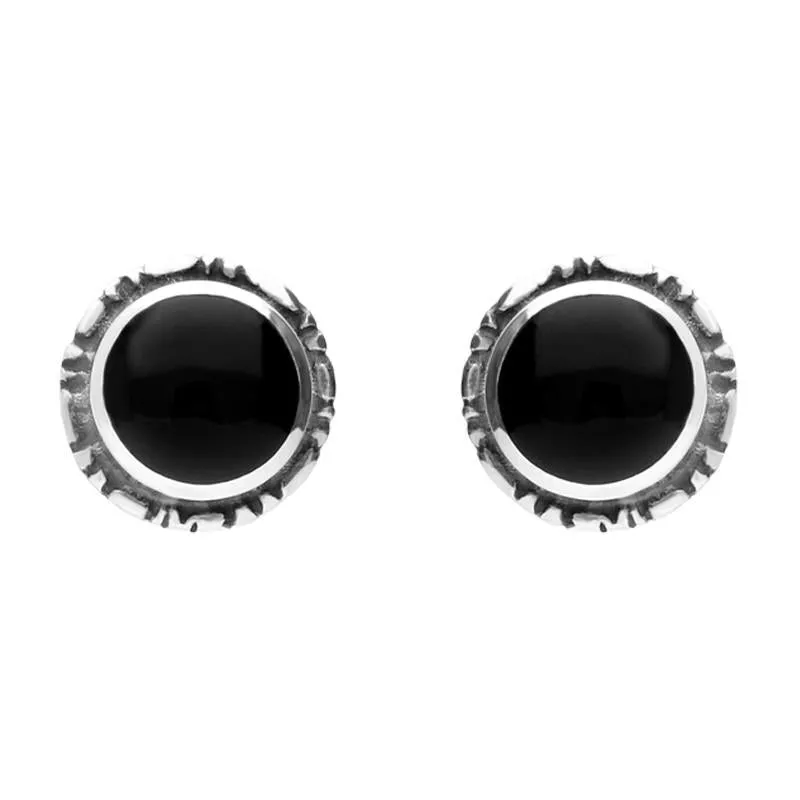 Sterling Silver Whitby Jet Small Circle Rope Edge Stud Earrings sold by Jura Watches