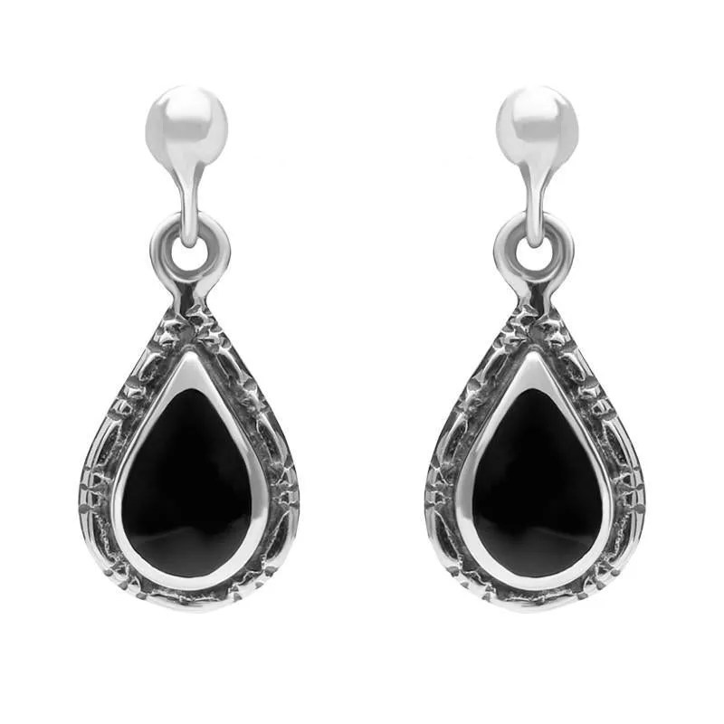 Sterling Silver Whitby Jet Small Pear Drop Earrings sold by Jura Watches