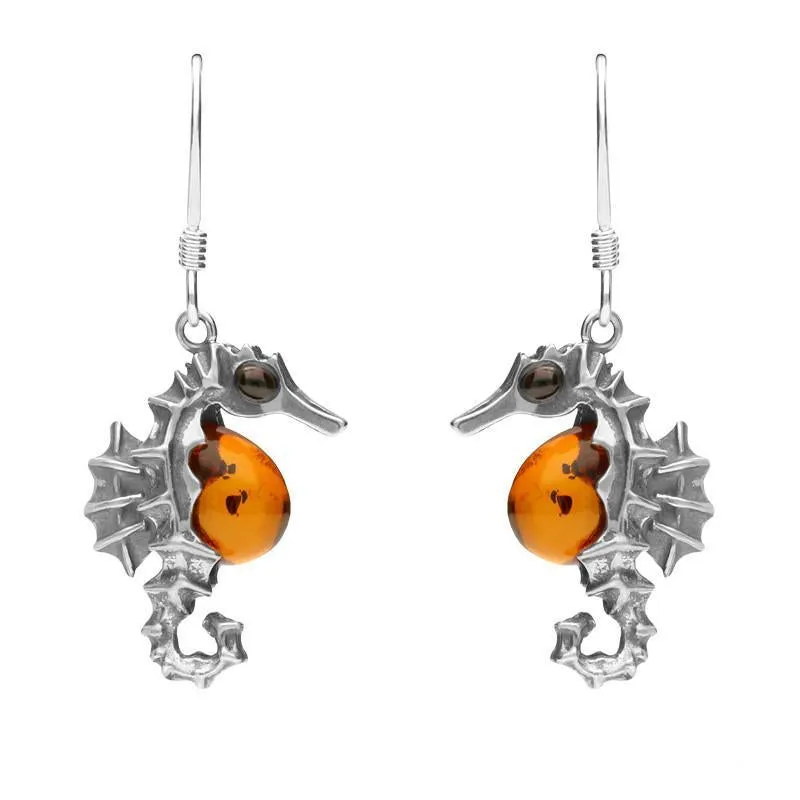 Sterling Silver Amber Seahorse Drop Earrings sold by Jura Watches