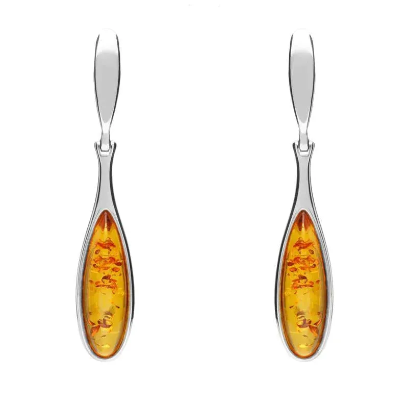 Sterling Silver Amber Long Slim Pear Drop Stud Earrings sold by Jura Watches