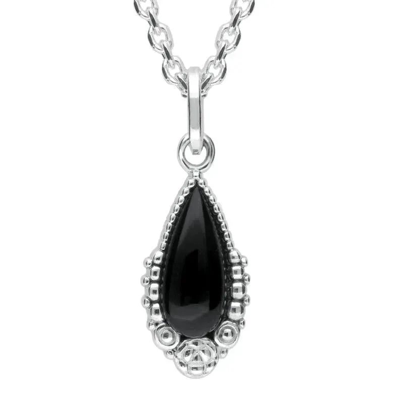 Sterling Silver Whitby Jet Patterned Pear Necklace sold by Jura Watches