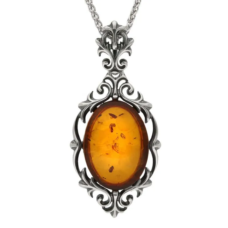 Sterling Silver Baltic Amber Ornate Oval Necklace sold by Jura Watches