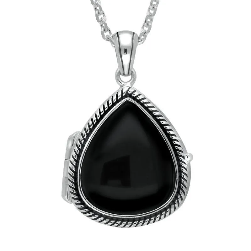 Sterling Silver Whitby Jet Pear Rope Edge Locket sold by Jura Watches